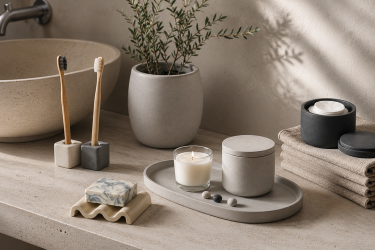 Accessoires de salle de bain en béton minéral ArtLyssia avec porte-brosses à dents et objets de rangement minimalistes.