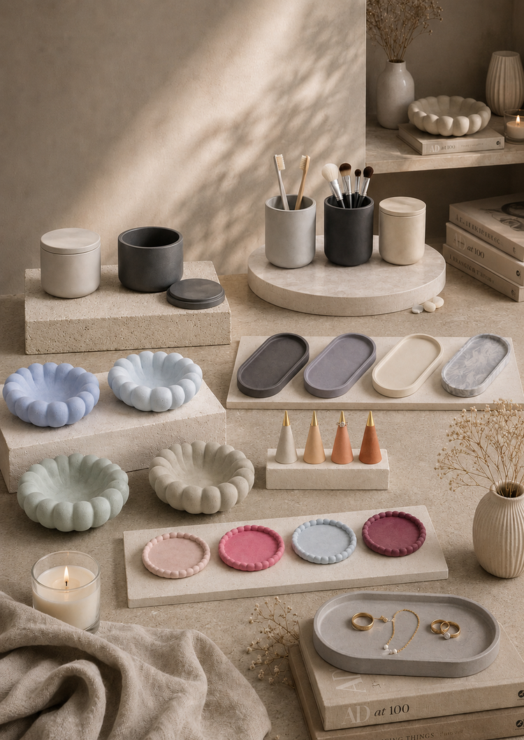 Sélection de créations artisanales ArtLyssia en béton minéral comprenant plateaux, vide-poches, porte-bagues, pots et accessoires décoratifs dans différentes collections et coloris