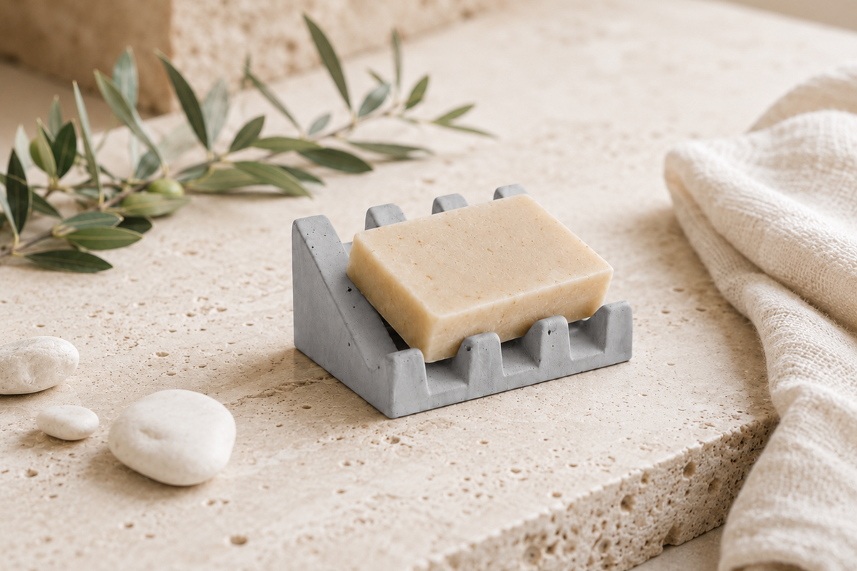 Porte-savon STRATA en béton minéral – Porte-savon design fait main pour savon solide