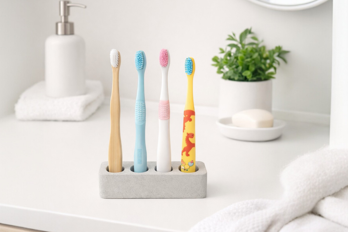 Porte-brosse à dents 4 trous ROC QUAD en béton minéral – Support pour 4 brosses à dents manuelles • 6 couleurs Minérale